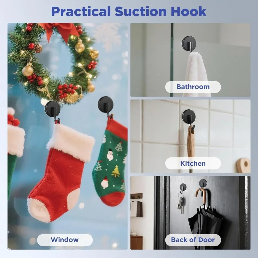 2-Pack Suction Cup Wreath Hooks for Effortless Holiday Decorations - Black